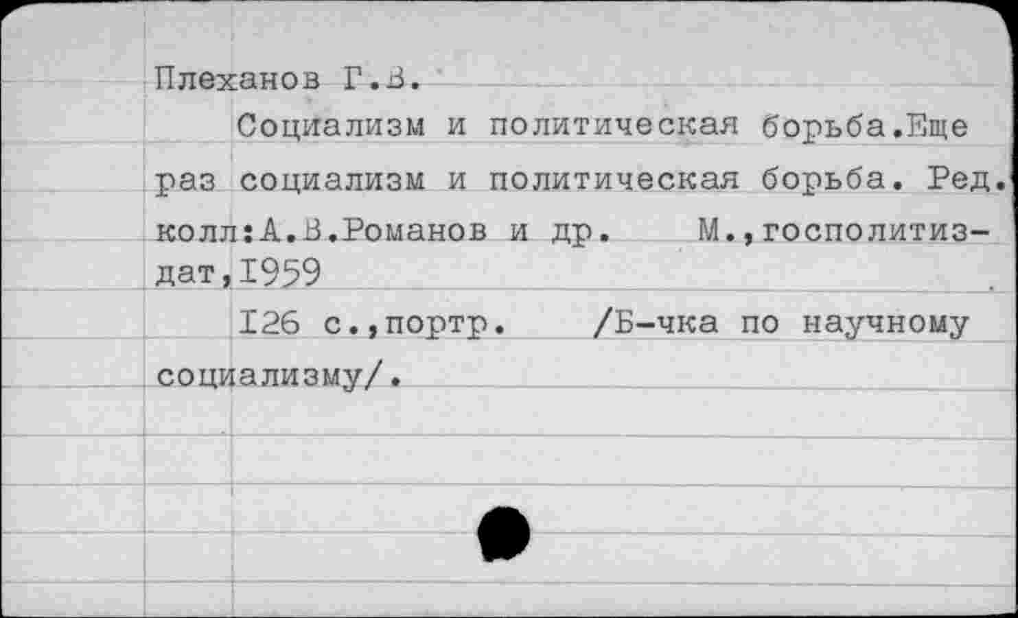 ﻿Плеханов Г.В.
Социализм и политическая борьба.Еще раз социализм и политическая борьба. Ред. колл:А.В.Романов и др. М.,госполитиз-дат,1959
126 с.,портр. /Б-чка по научному социализму/.